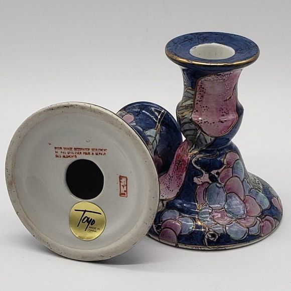 Toyo Porcelain Hand Painted Lilac Blue Gold Fruit Candle Holders - Picture 5 of 12